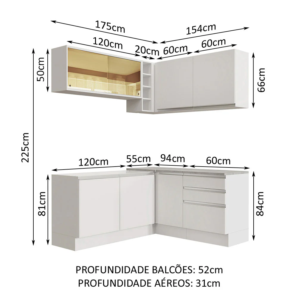 Armário de Cozinha Completa de Canto 329cm Branco Glamy Madesa 02 - Image 3