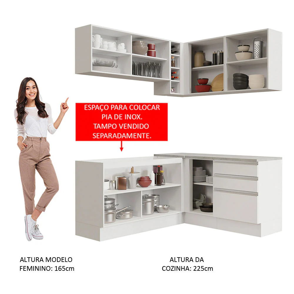 Armário de Cozinha Completa de Canto 329cm Branco Glamy Madesa 02 - Image 5