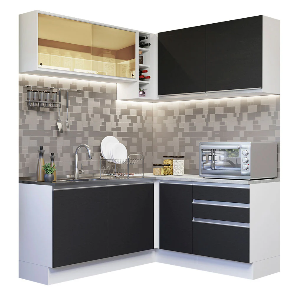 Armário de Cozinha Completa de Canto 329cm Branco Preto Glamy Madesa 02 - Image 2