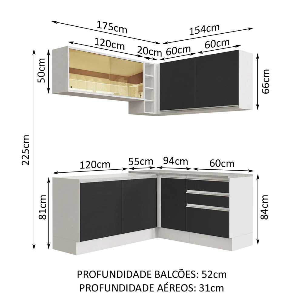 Armário de Cozinha Completa de Canto 329cm Branco Preto Glamy Madesa 02 - Image 3