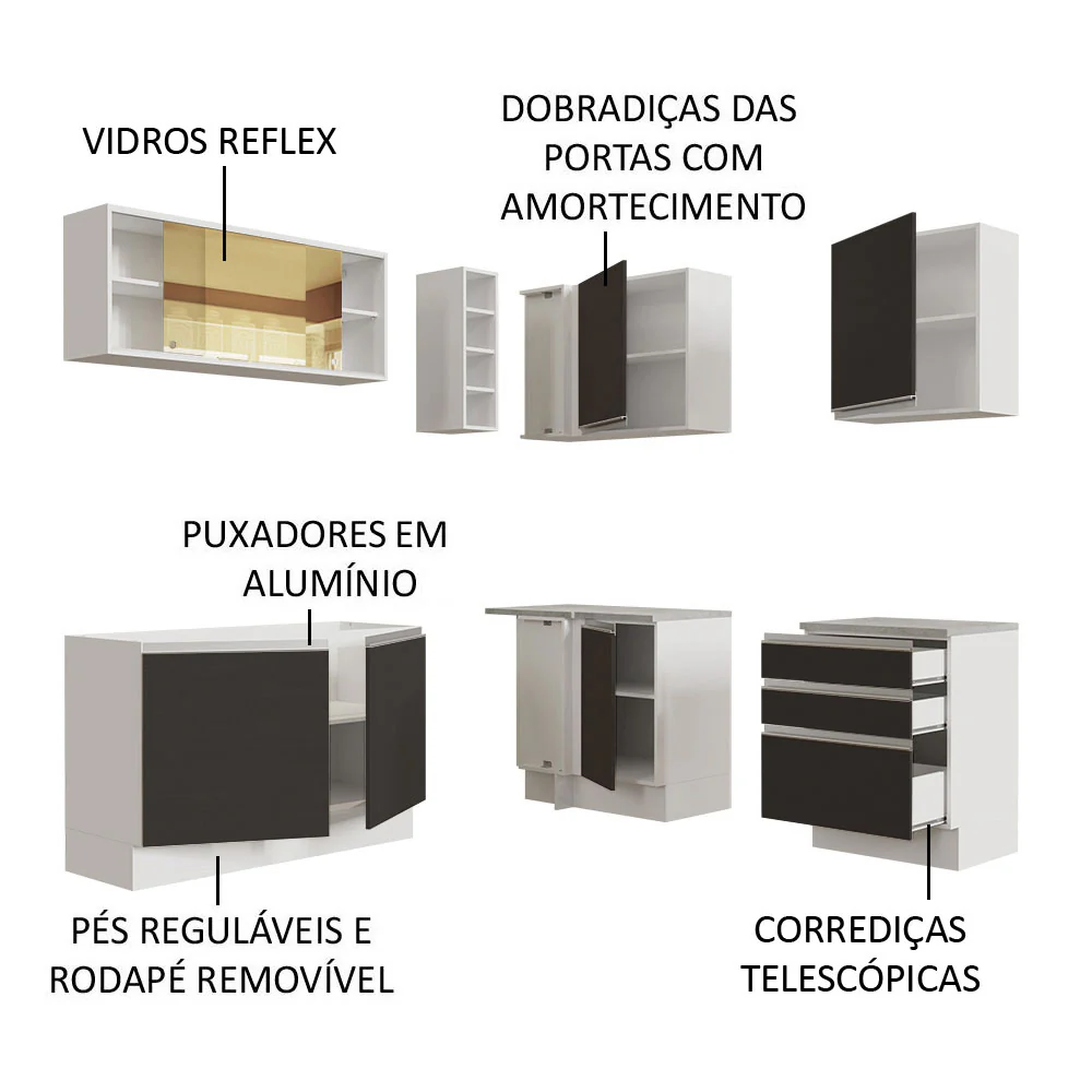 Armário de Cozinha Completa de Canto 329cm Branco Preto Glamy Madesa 02 - Image 4