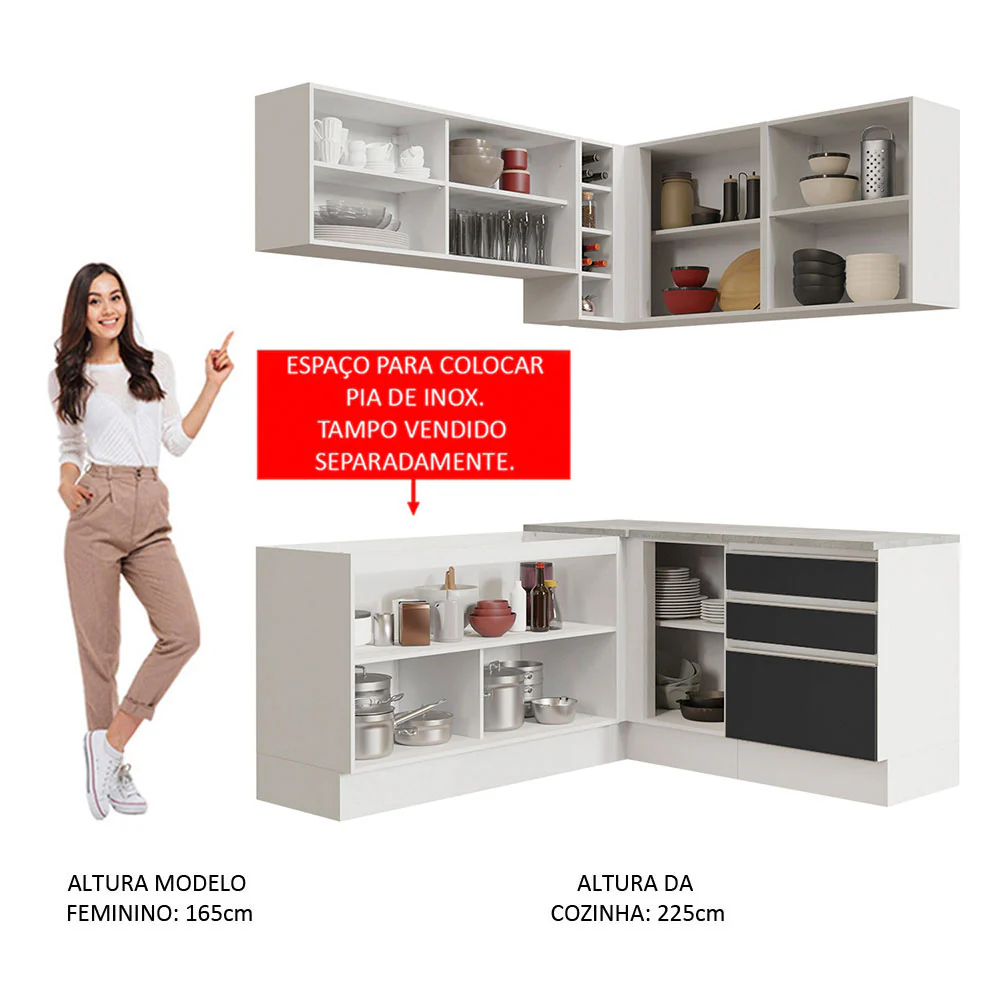 Armário de Cozinha Completa de Canto 329cm Branco Preto Glamy Madesa 02 - Image 5