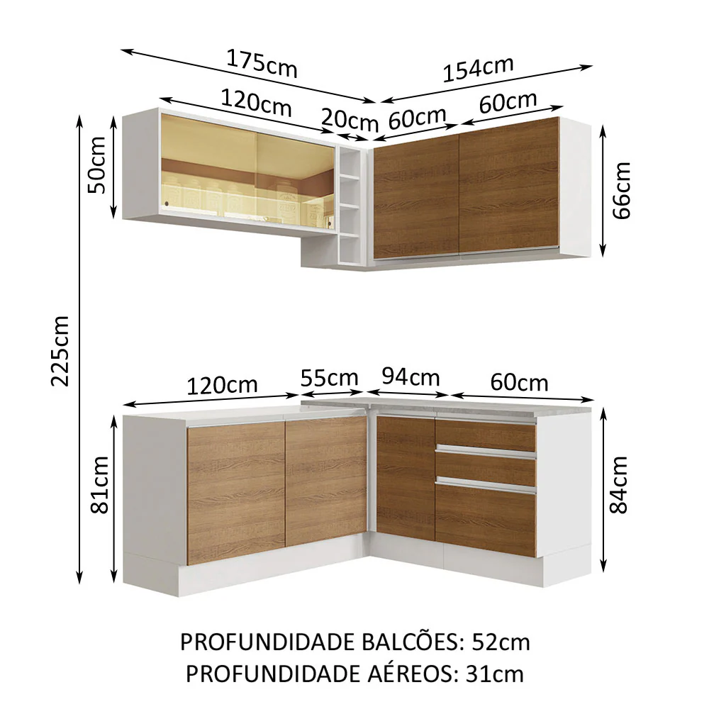 Armário de Cozinha Completa de Canto 329cm Branco Rustic Glamy Madesa 02 - Image 3