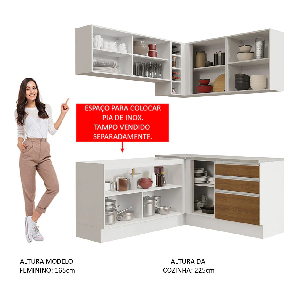 Armário de Cozinha Completa de Canto 329cm Branco Rustic Glamy Madesa 02 - Image 5