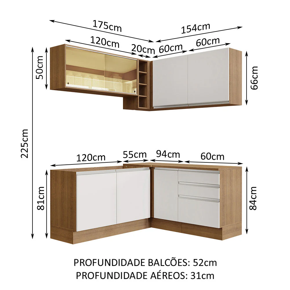 Armário de Cozinha Completa de Canto 329cm Rustic Branco Glamy Madesa 02 - Image 3
