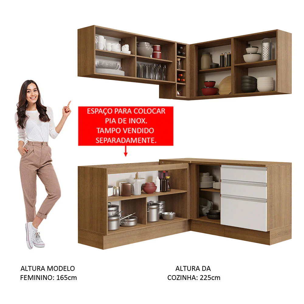 Armário de Cozinha Completa de Canto 329cm Rustic Branco Glamy Madesa 02 - Image 5