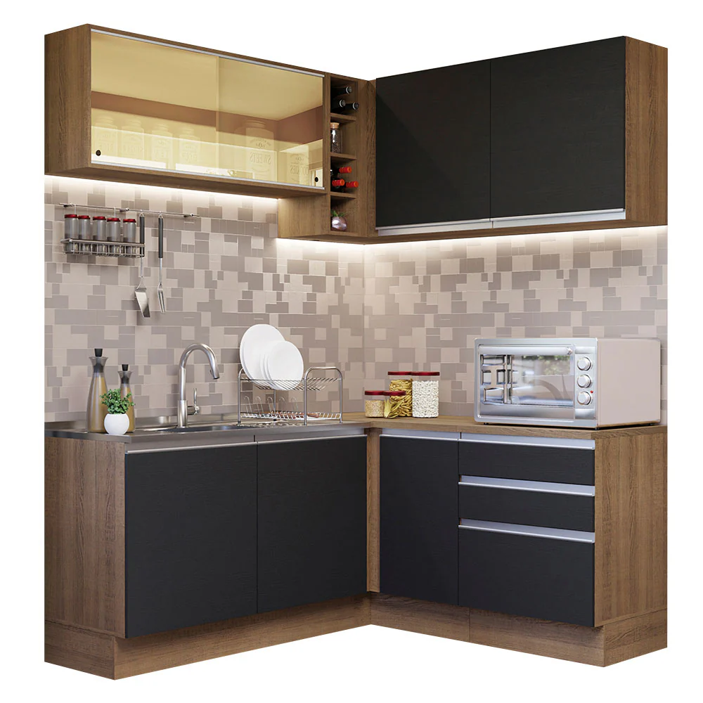 Armário de Cozinha Completa de Canto 329cm Rustic Preto Glamy Madesa 02 - Image 2