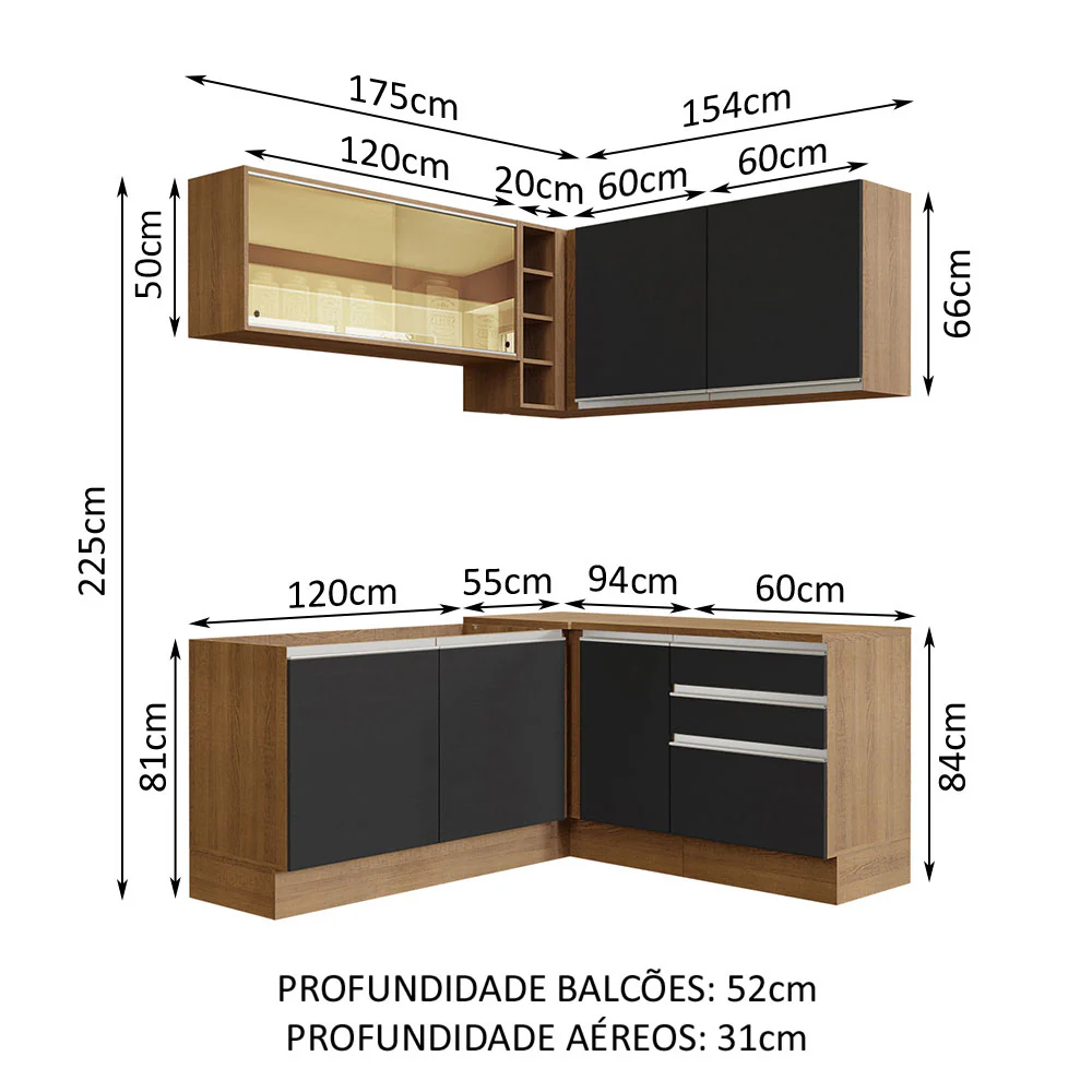 Armário de Cozinha Completa de Canto 329cm Rustic Preto Glamy Madesa 02 - Image 3
