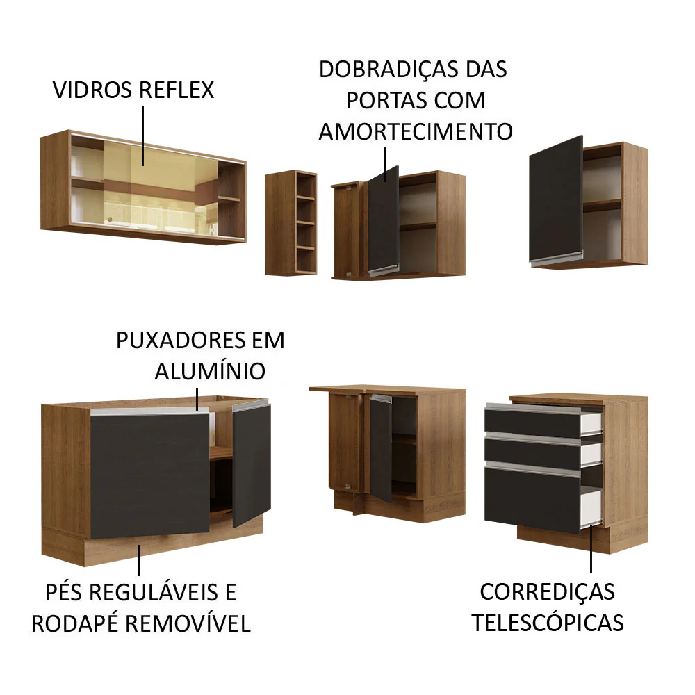 Armário de Cozinha Completa de Canto 329cm Rustic Preto Glamy Madesa 02 - Image 4