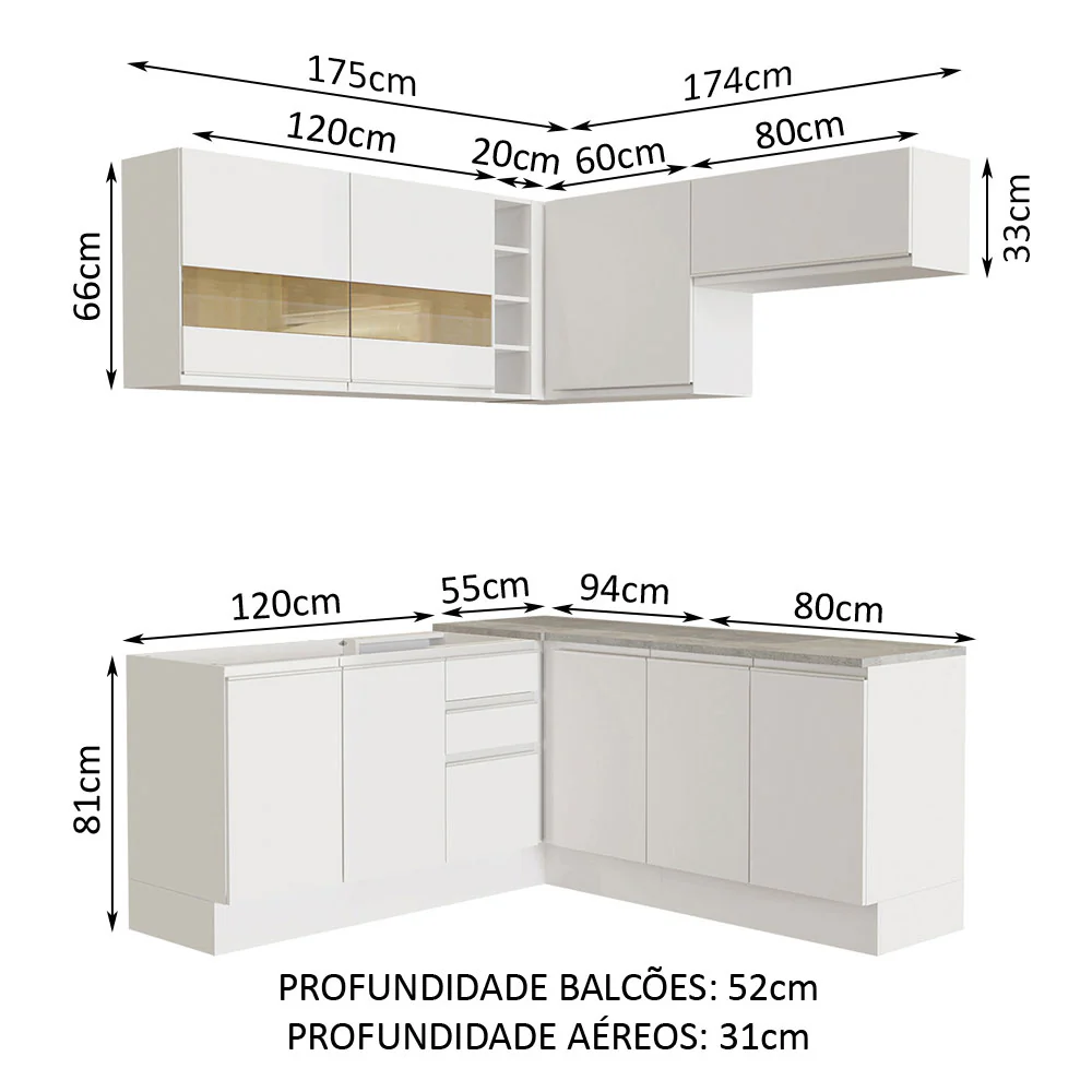 Armário de Cozinha Completa de Canto 349cm Branco Glamy Madesa 01 - Image 3