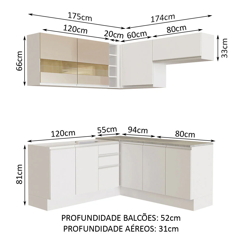 Armário de Cozinha Completa de Canto 349cm Branco/Branco/Crema Glamy Madesa 01 - Image 3