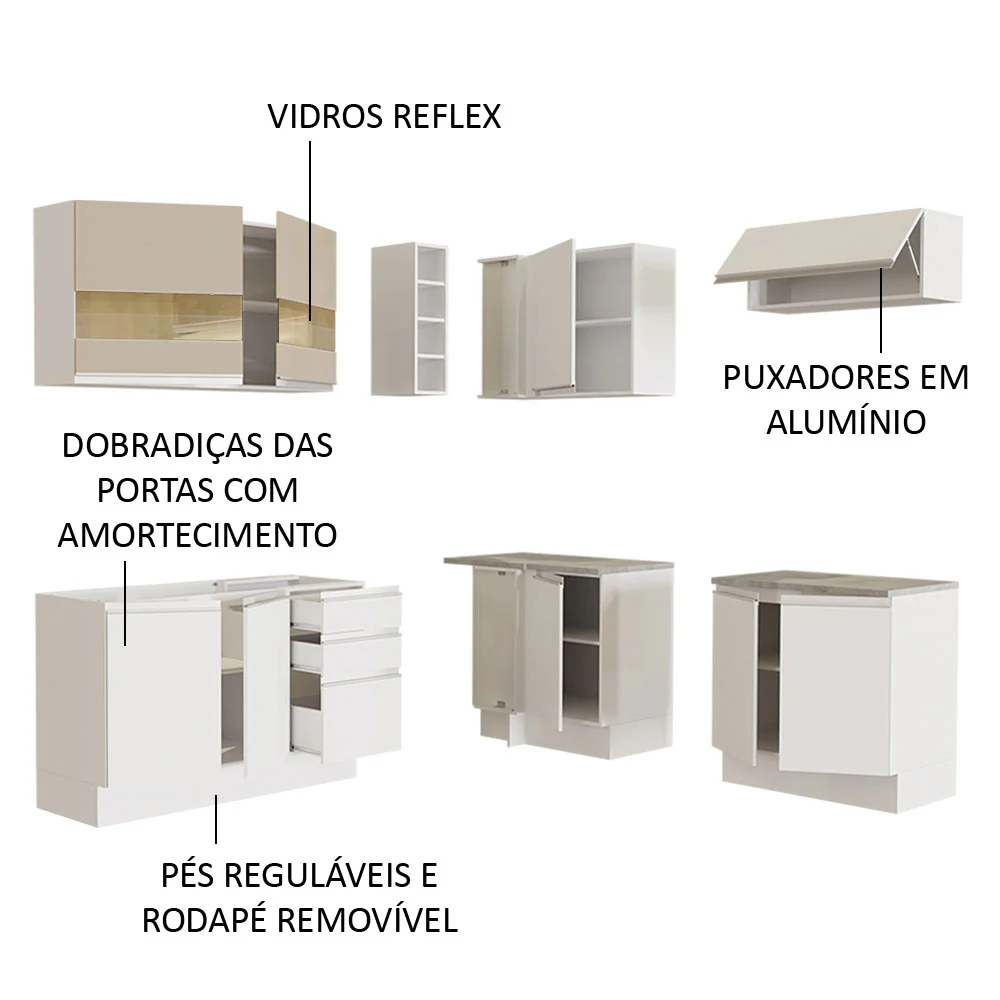 Armário de Cozinha Completa de Canto 349cm Branco/Branco/Crema Glamy Madesa 01 - Image 4