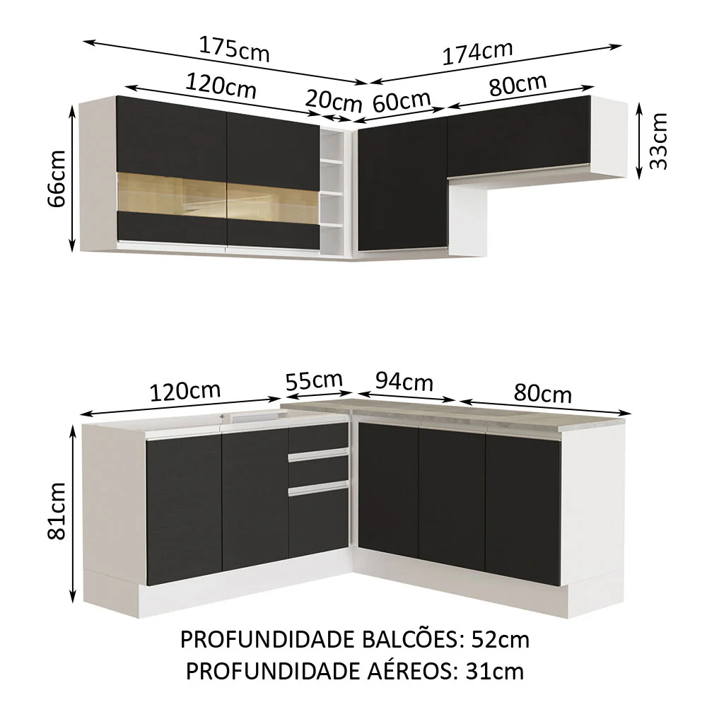 Armário de Cozinha Completa de Canto 349cm Branco/Preto Glamy Madesa 01 - Image 3