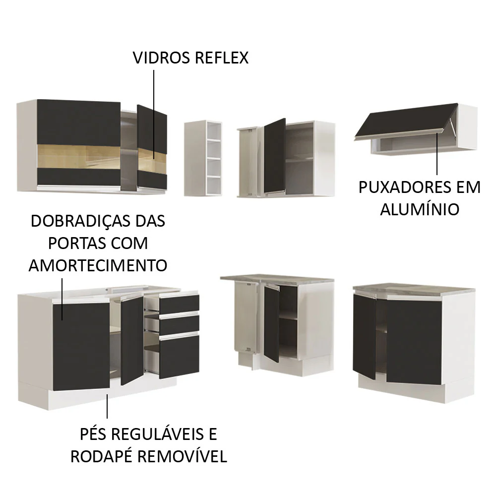Armário de Cozinha Completa de Canto 349cm Branco/Preto Glamy Madesa 01 - Image 4