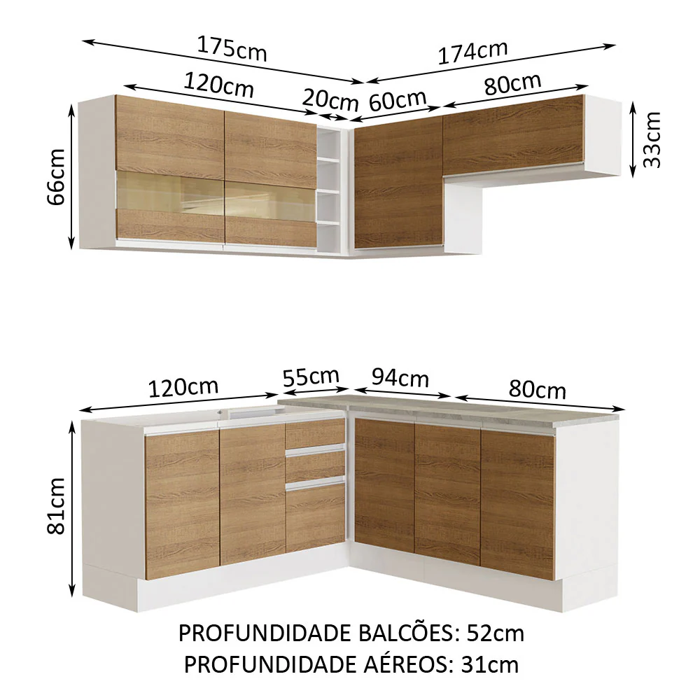Armário de Cozinha Completa de Canto 349cm Branco/Rustic Glamy Madesa 01 - Image 3