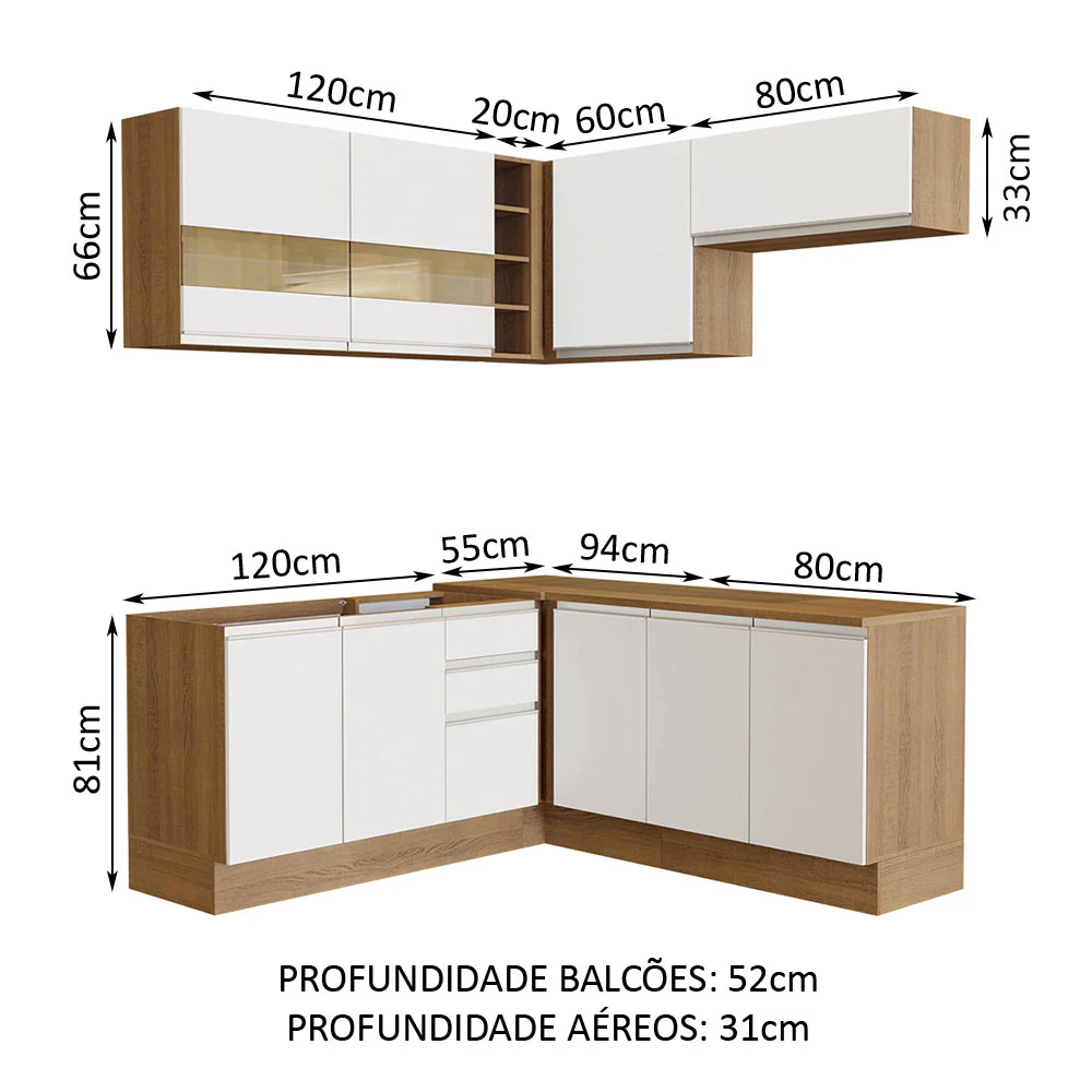Armário de Cozinha Completa de Canto 349cm Rustic/Branco Glamy Madesa 01 - Image 3