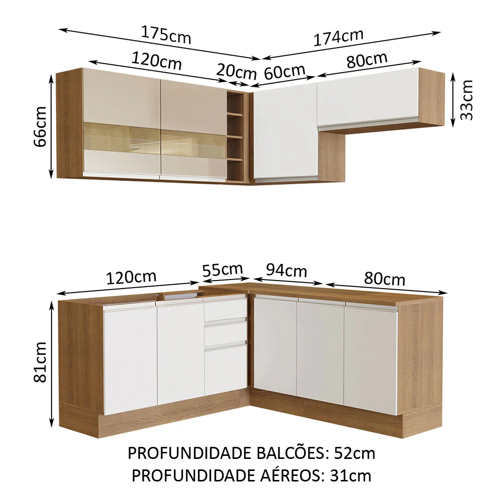 Armário de Cozinha Completa de Canto 349cm Rustic/Branco/Crema Glamy Madesa 01 - Image 3