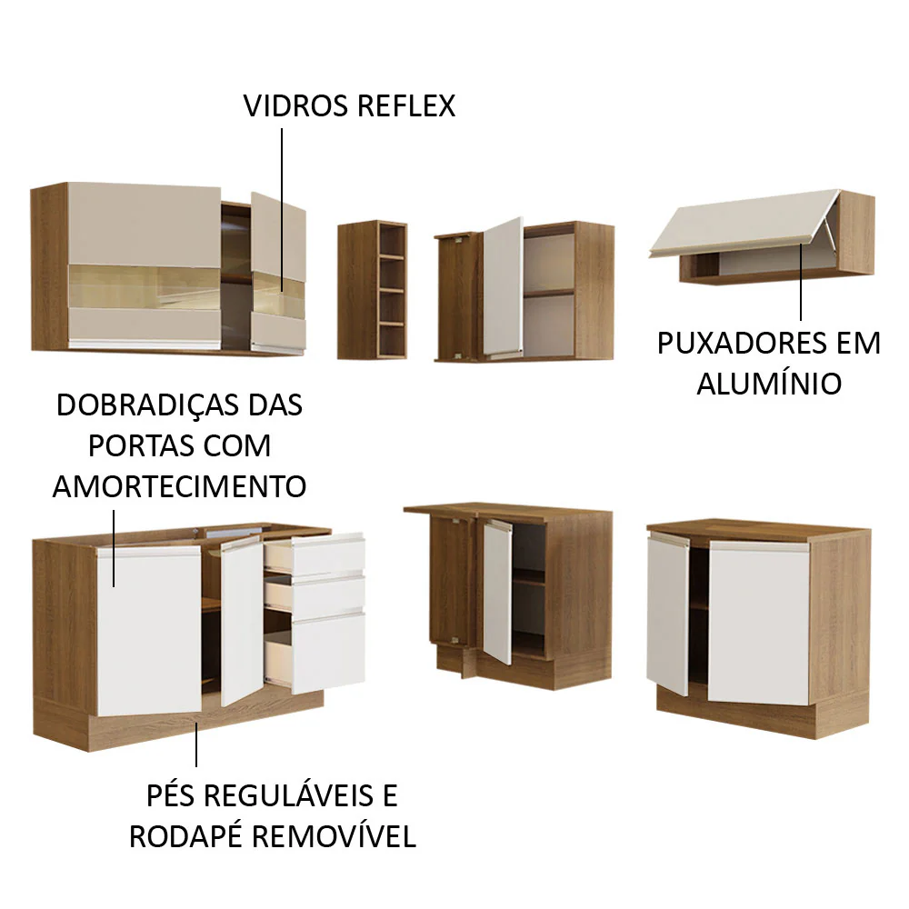 Armário de Cozinha Completa de Canto 349cm Rustic/Branco/Crema Glamy Madesa 01 - Image 4