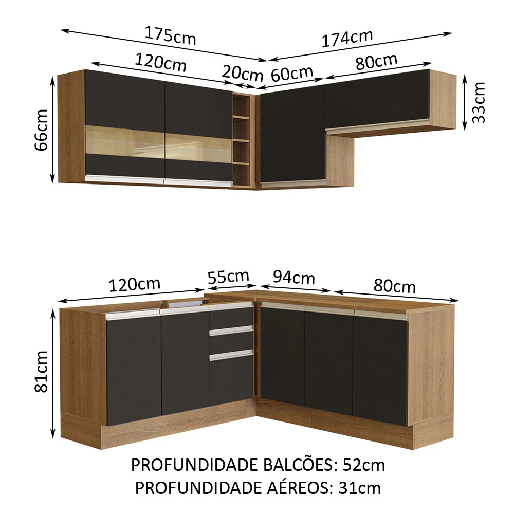 Armário de Cozinha Completa de Canto 349cm Rustic/Preto Glamy Madesa 01 - Image 3