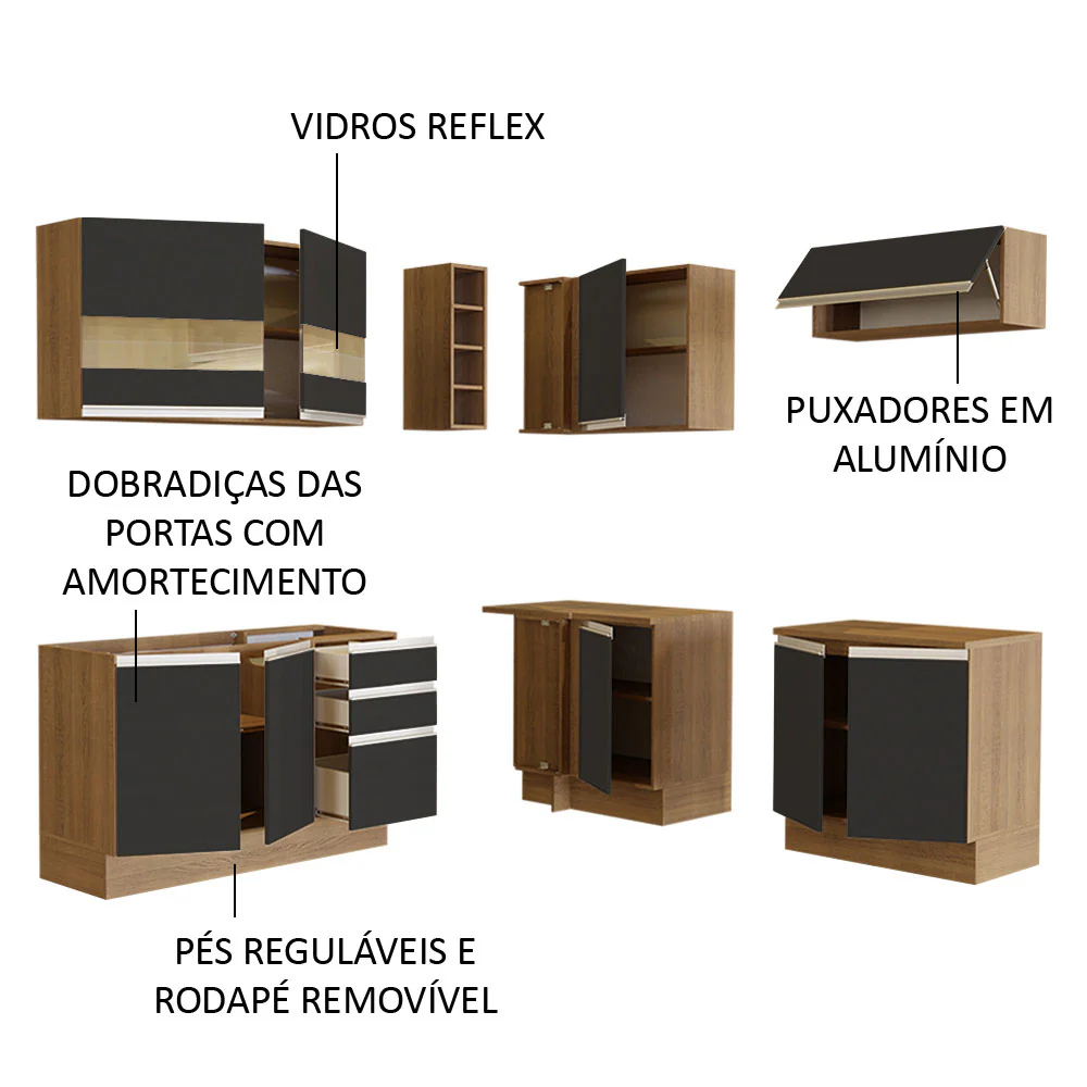 Armário de Cozinha Completa de Canto 349cm Rustic/Preto Glamy Madesa 01 - Image 4