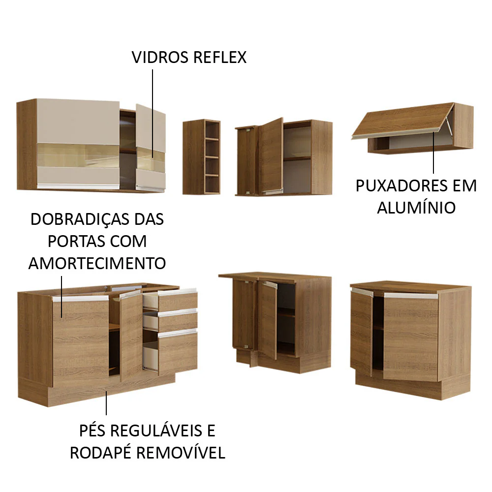 Armário de Cozinha Completa de Canto 349cm Rustic/Rustic/Crema Glamy Madesa 01 - Image 4