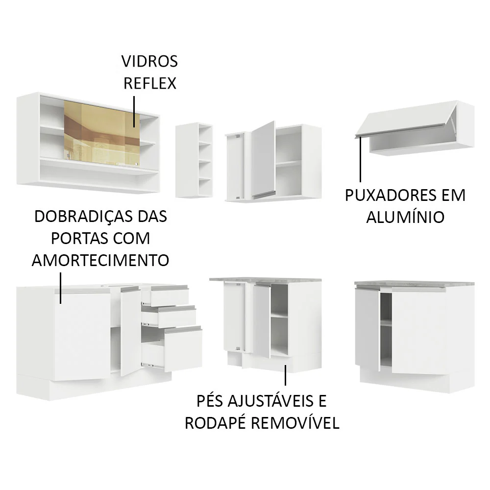 Armário de Cozinha Completa de Canto 349cm Branco Glamy Madesa 02 - Image 4