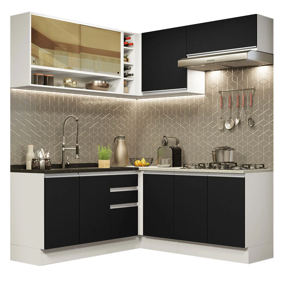 Armário de Cozinha Completa de Canto 349cm Branco Preto Glamy Madesa 02 - Image 2