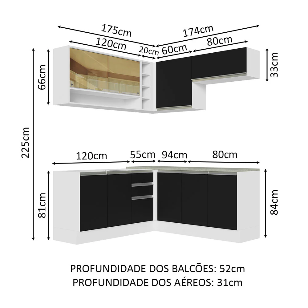 Armário de Cozinha Completa de Canto 349cm Branco Preto Glamy Madesa 02 - Image 3