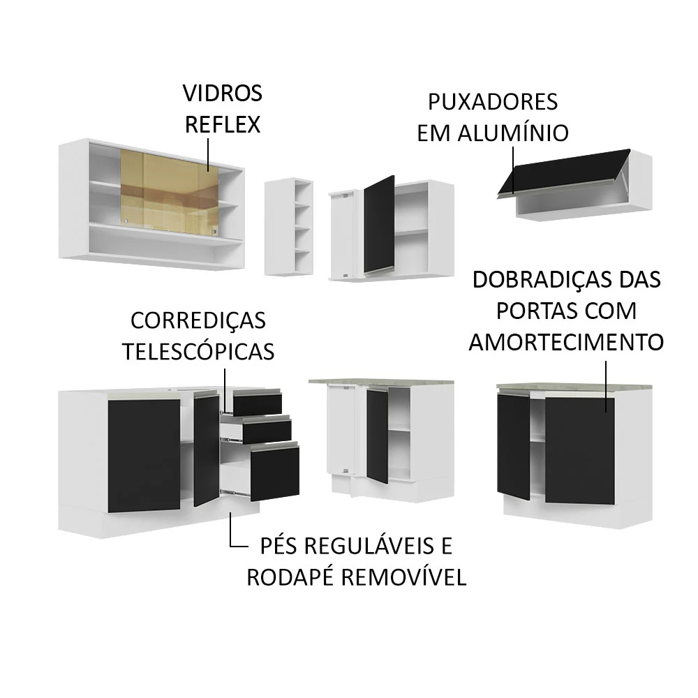 Armário de Cozinha Completa de Canto 349cm Branco Preto Glamy Madesa 02 - Image 4