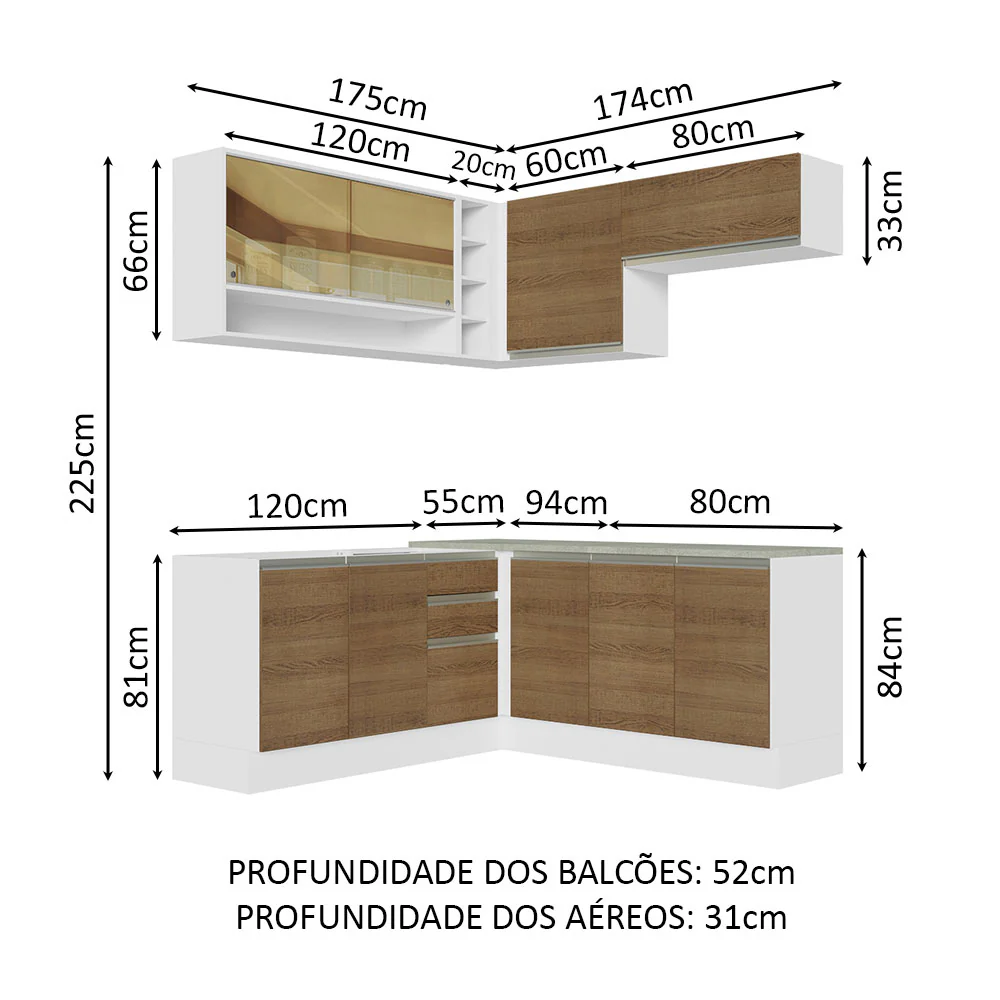 Armário de Cozinha Completa de Canto 349cm Branco Rustic Glamy Madesa 02 - Image 3