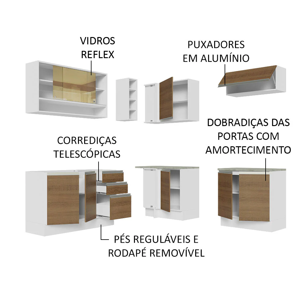 Armário de Cozinha Completa de Canto 349cm Branco Rustic Glamy Madesa 02 - Image 4