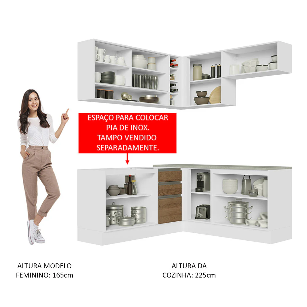 Armário de Cozinha Completa de Canto 349cm Branco Rustic Glamy Madesa 02 - Image 5