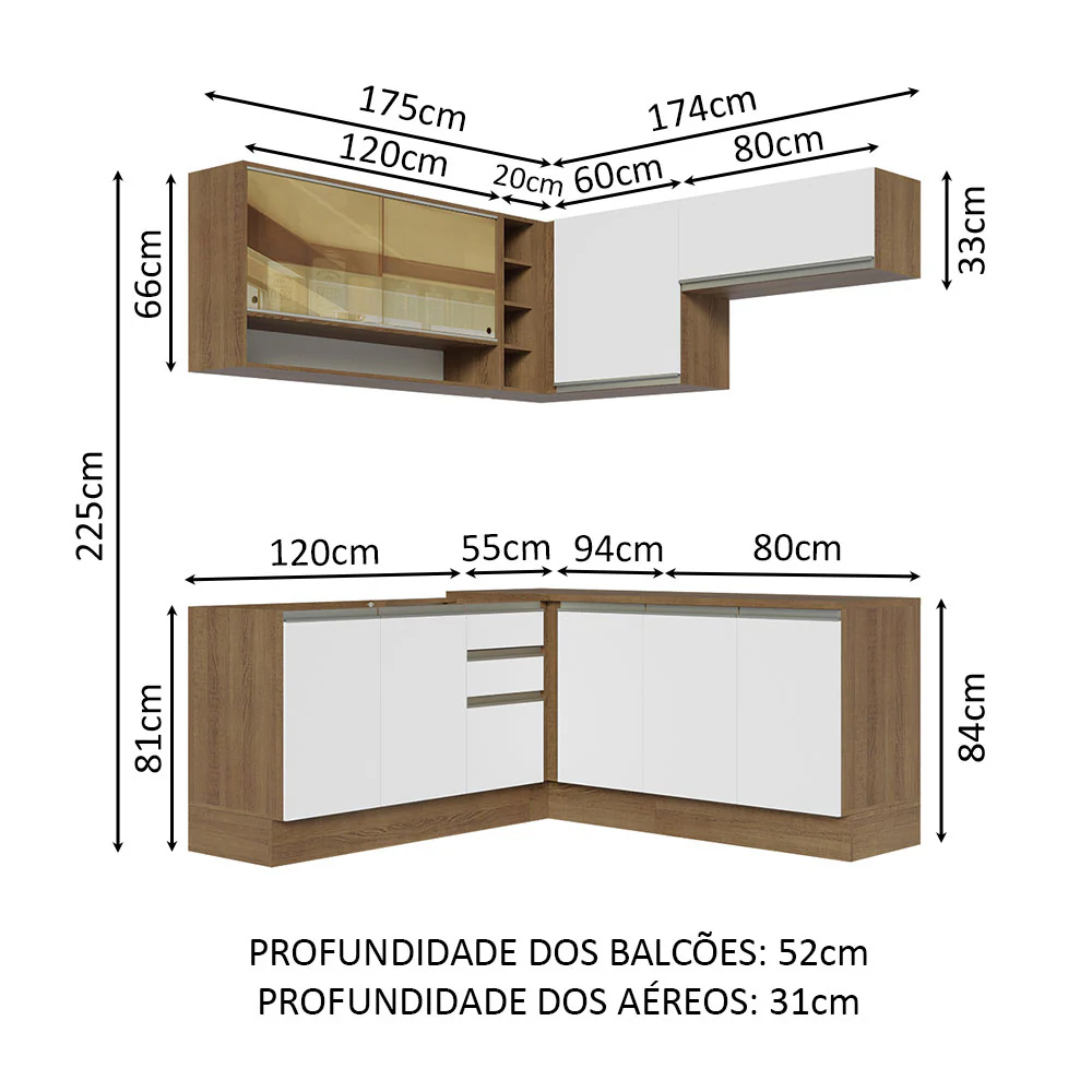 Armário de Cozinha Completa de Canto 349cm Rustic Branco Glamy Madesa 02 - Image 3
