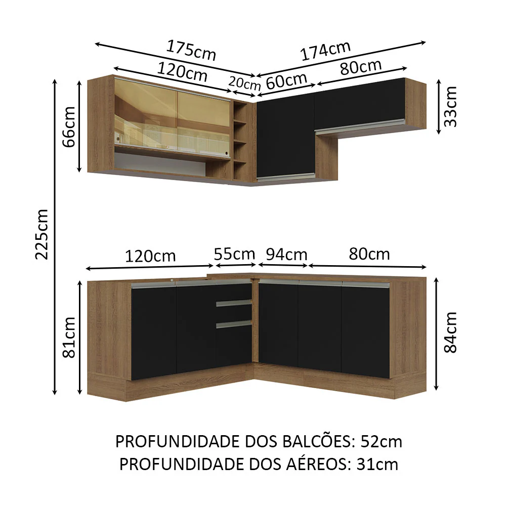 Armário de Cozinha Completa de Canto 349cm Rustic Preto Glamy Madesa 02 - Image 3