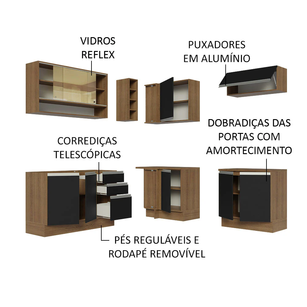 Armário de Cozinha Completa de Canto 349cm Rustic Preto Glamy Madesa 02 - Image 4