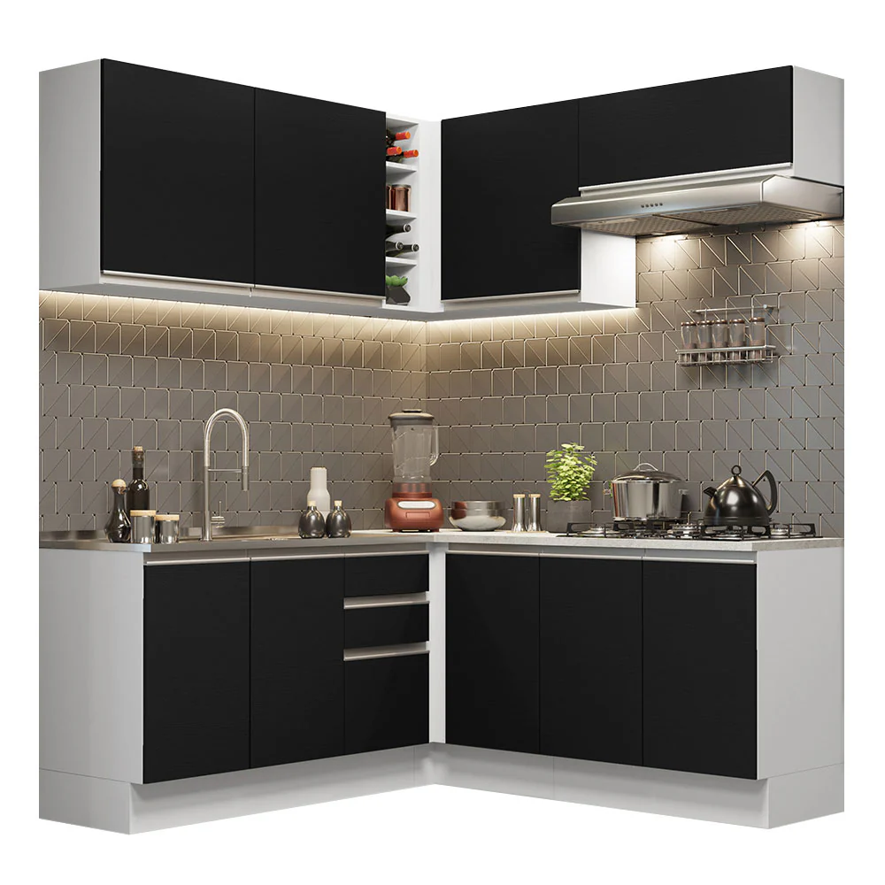 Armário de Cozinha Completa de Canto 349cm Branco Preto Glamy Madesa 03 - Image 2