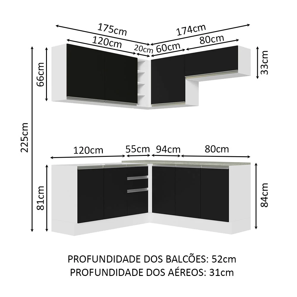 Armário de Cozinha Completa de Canto 349cm Branco Preto Glamy Madesa 03 - Image 3