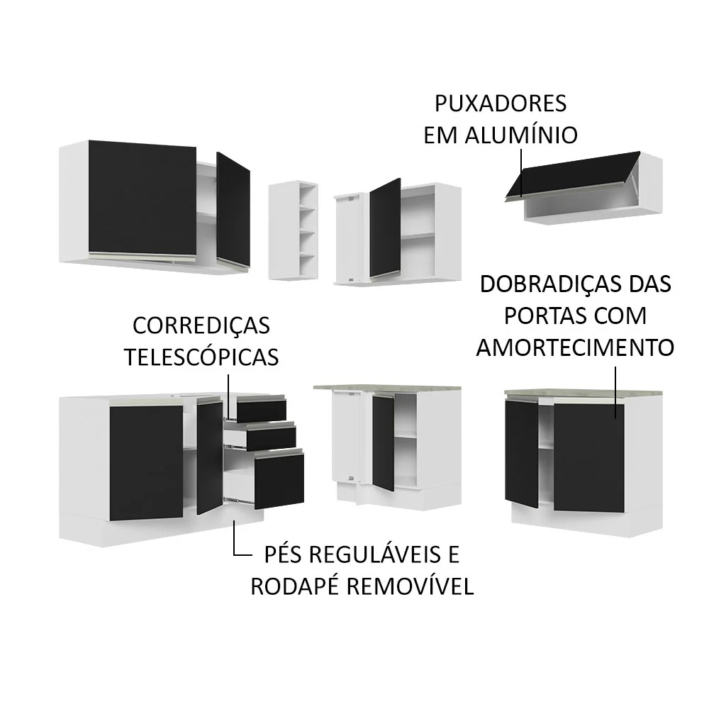 Armário de Cozinha Completa de Canto 349cm Branco Preto Glamy Madesa 03 - Image 4
