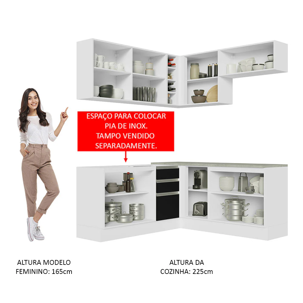 Armário de Cozinha Completa de Canto 349cm Branco Preto Glamy Madesa 03 - Image 5