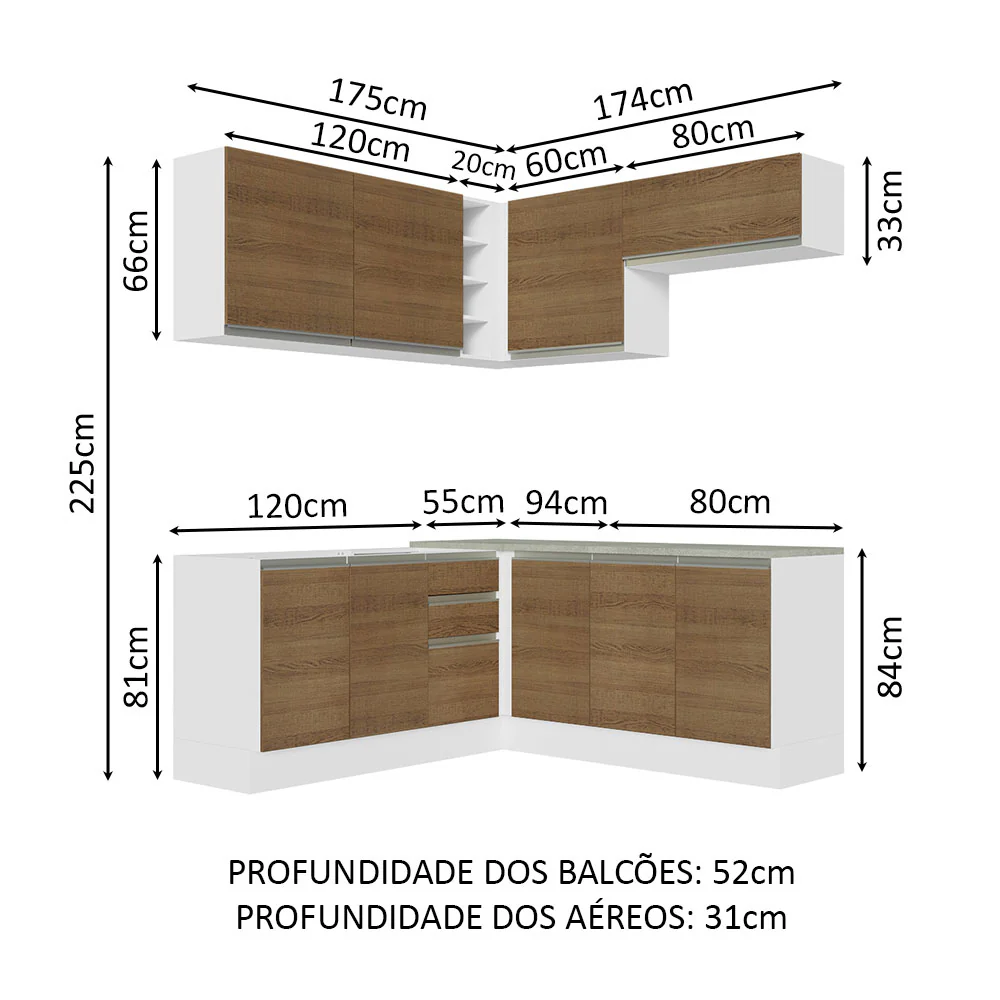 Armário de Cozinha Completa de Canto 349cm Branco Rustic Glamy Madesa 03 - Image 3