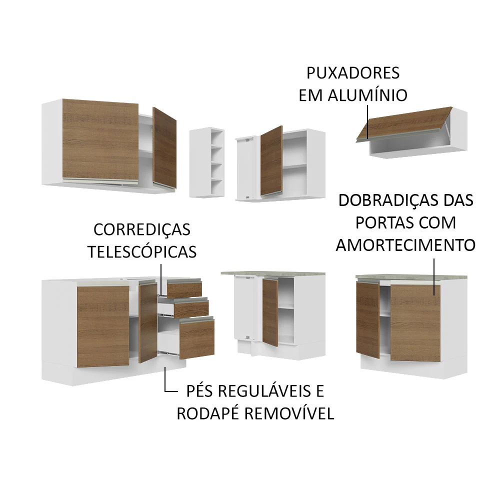 Armário de Cozinha Completa de Canto 349cm Branco Rustic Glamy Madesa 03 - Image 4
