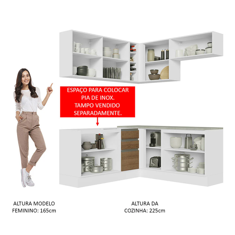Armário de Cozinha Completa de Canto 349cm Branco Rustic Glamy Madesa 03 - Image 5
