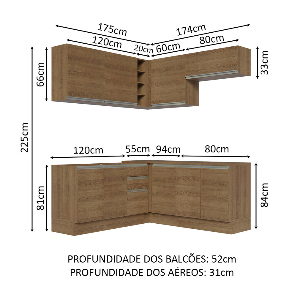 Armário de Cozinha Completa de Canto 349cm Rustic Glamy Madesa 03 - Image 3