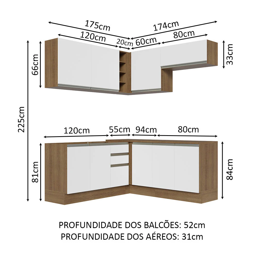Armário de Cozinha Completa de Canto 349cm Rustic Branco Glamy Madesa 03 - Image 3