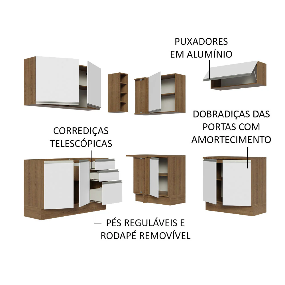 Armário de Cozinha Completa de Canto 349cm Rustic Branco Glamy Madesa 03 - Image 4