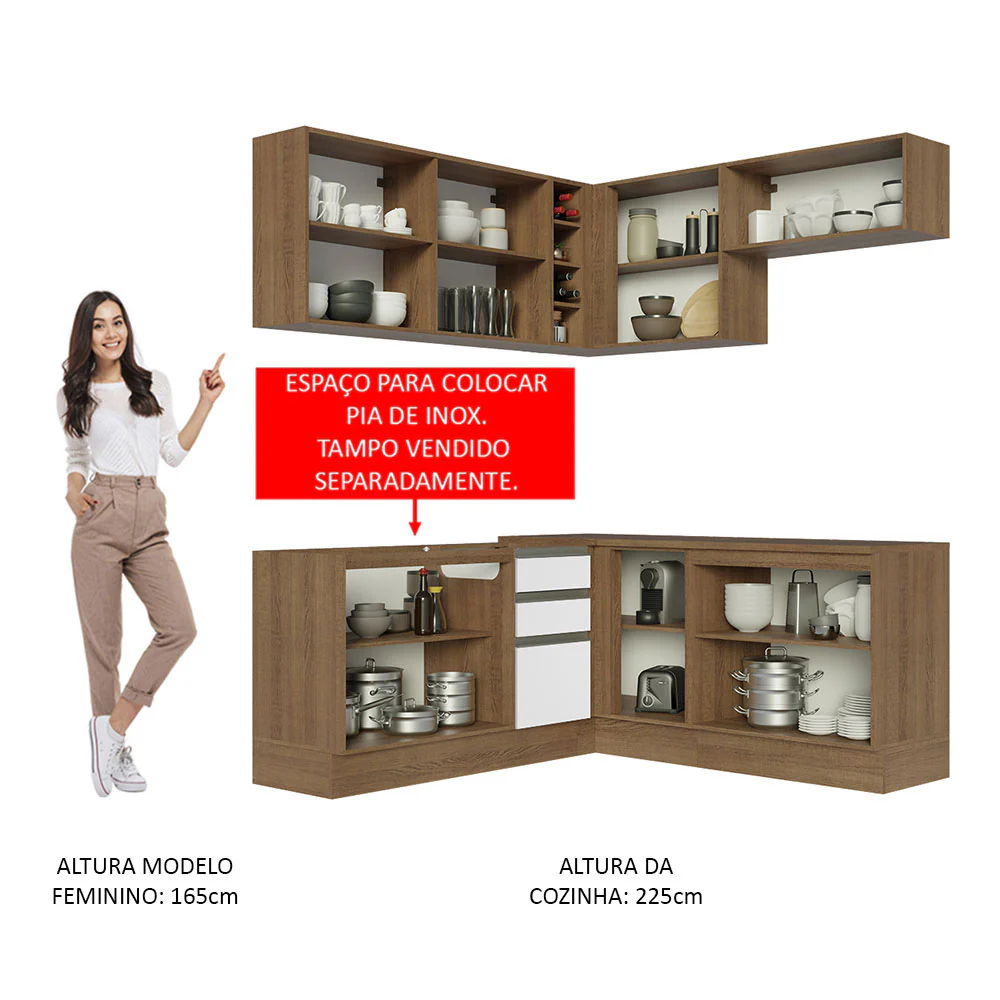 Armário de Cozinha Completa de Canto 349cm Rustic Branco Glamy Madesa 03 - Image 5