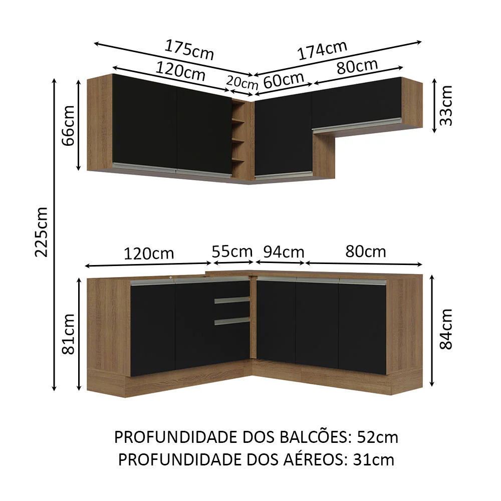 Armário de Cozinha Completa de Canto 349cm Rustic Preto Glamy Madesa 03 - Image 3