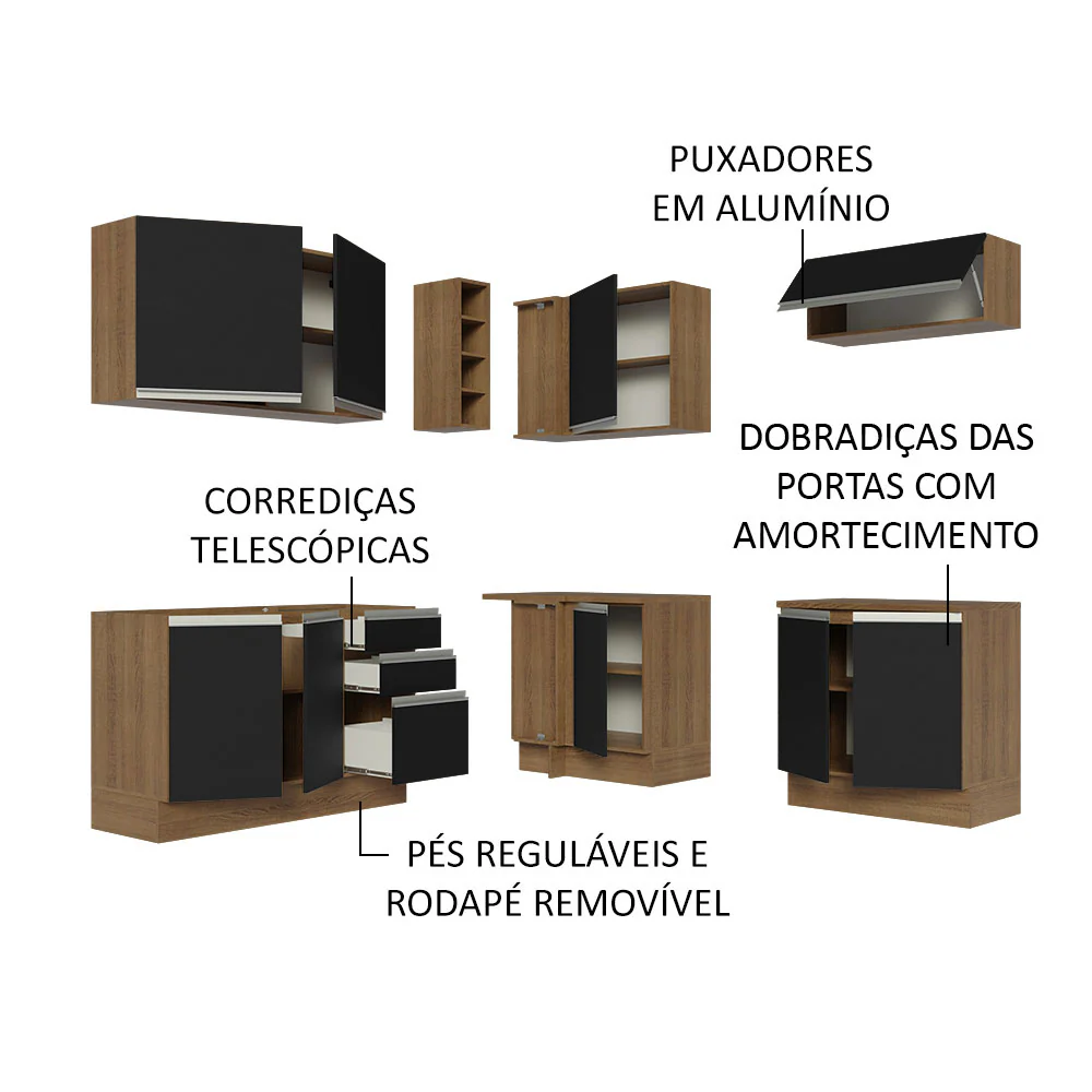 Armário de Cozinha Completa de Canto 349cm Rustic Preto Glamy Madesa 03 - Image 4