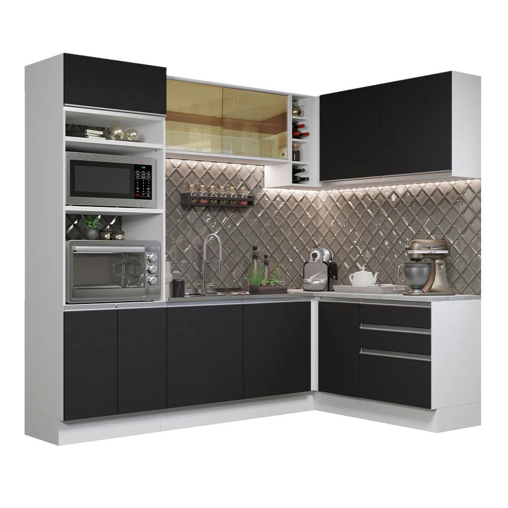 Armário de Cozinha Completa de Canto 399cm Branco Preto Glamy Madesa 02 - Image 2