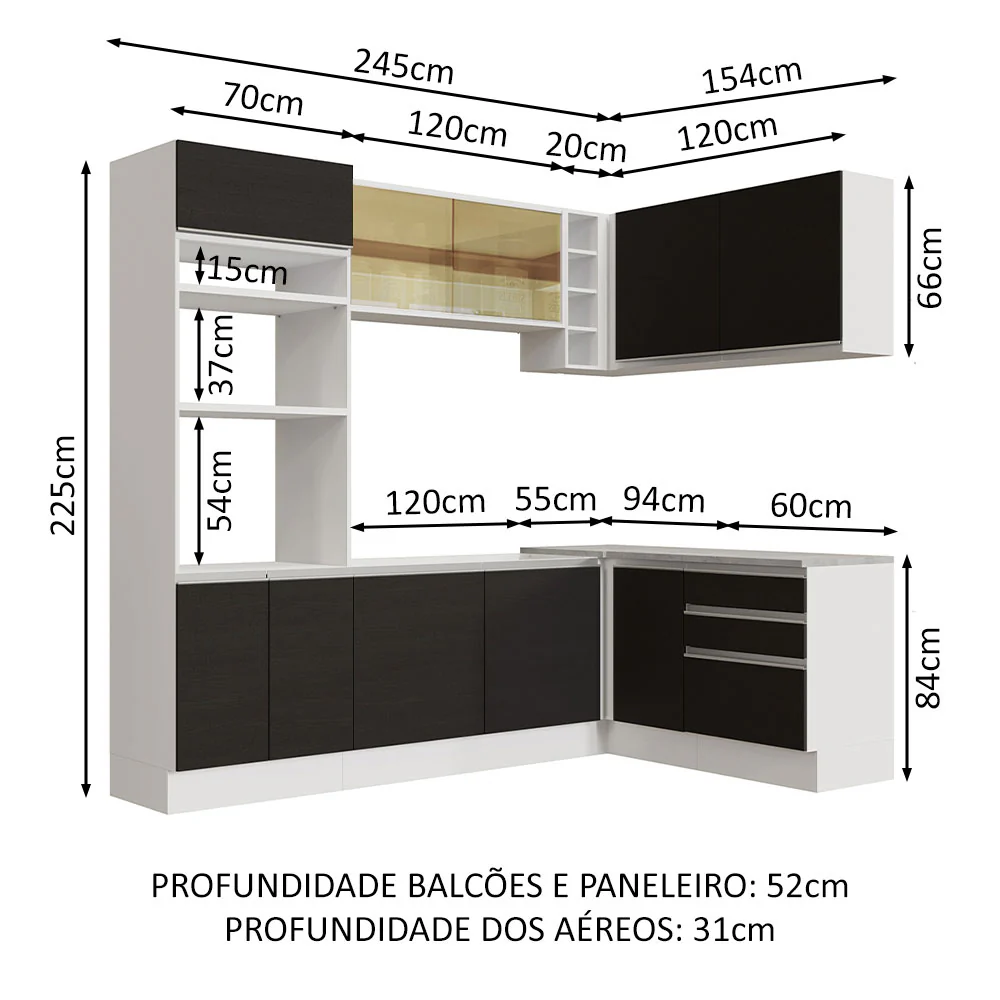 Armário de Cozinha Completa de Canto 399cm Branco Preto Glamy Madesa 02 - Image 3